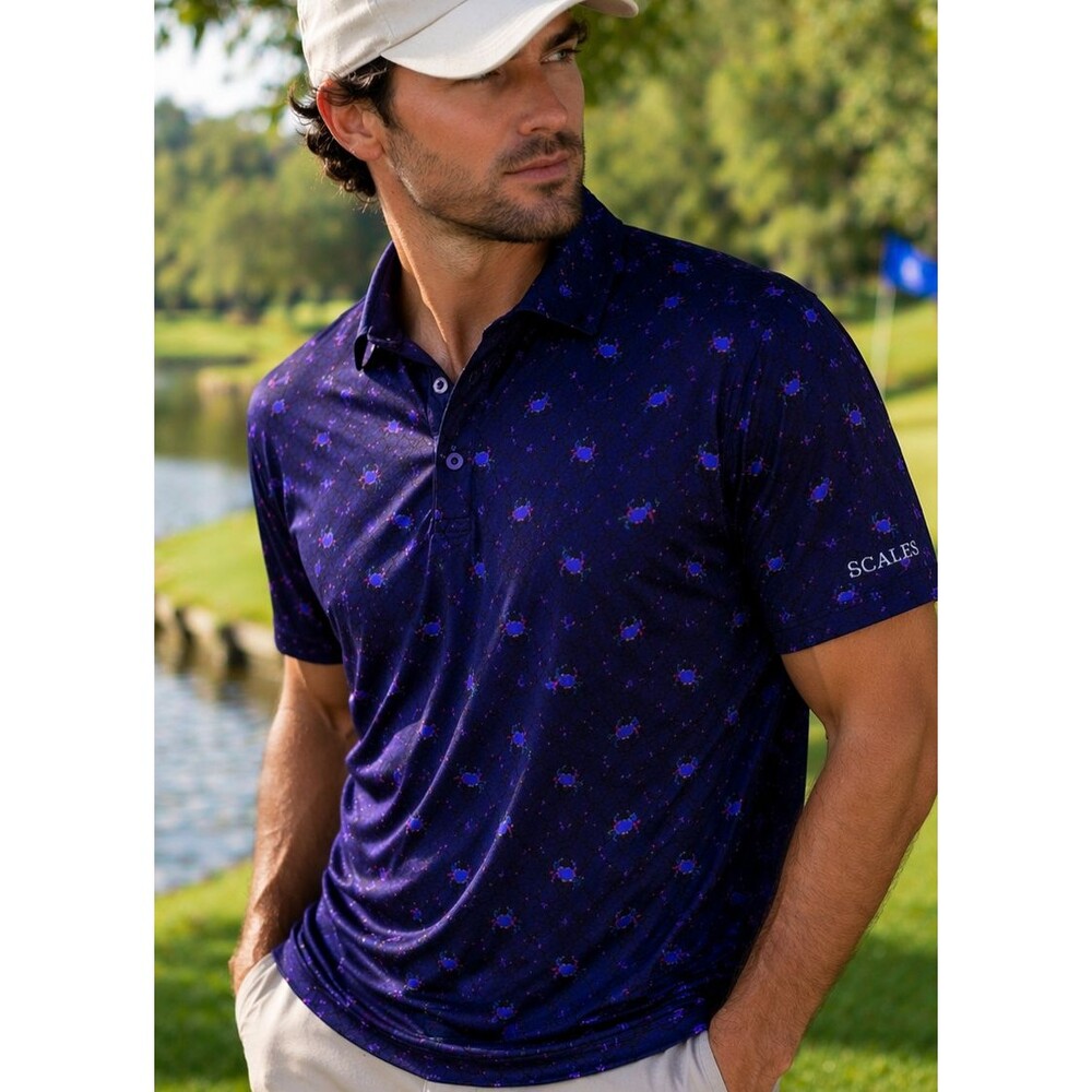Coastal Crab Print Golf Polo XL Scales Blue Performance Shirt